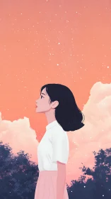 Girl quietly daydreams beneath a glowing peach sky