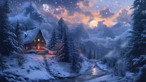 Luminous alpine cabin amid moonlit, snow-loaded conifer valley.