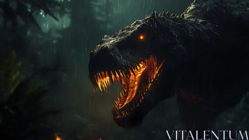 Fiery eyed jungle dinosaur roaring in the midnight rain.