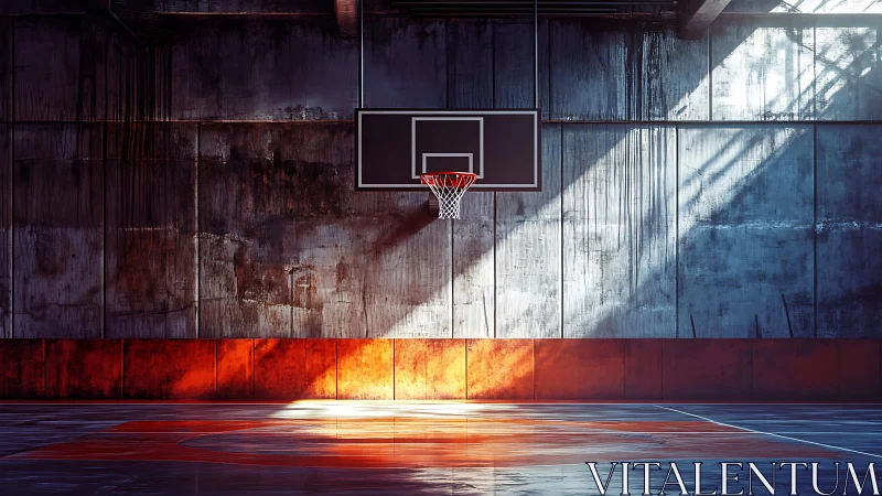 Industrial indoor basketball hoop in dramatic raking sunlight