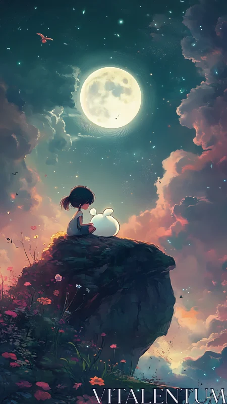 Moonlit cliff vignette with child and companion in pastel skies.