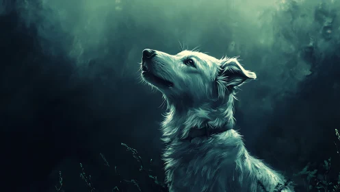 White dog in side profile against dark teal background.