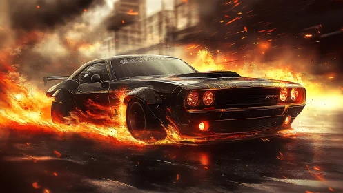 Muscle car erupts through urban flames in cinematic motion