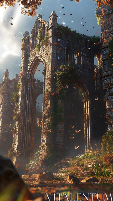 Sunlit ivy-clad cathedral ruins with swirling autumn leaves.