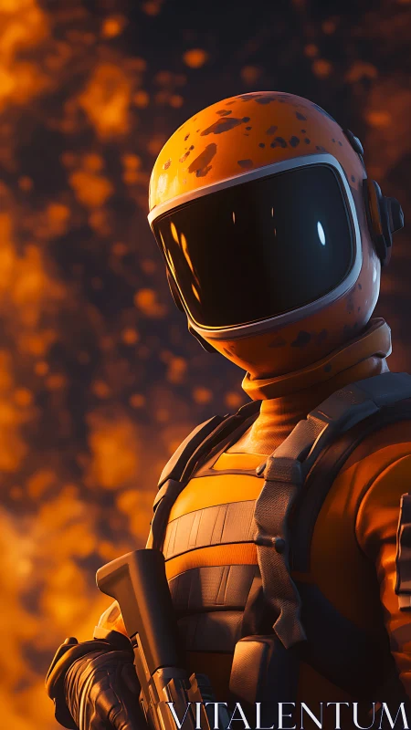 Orange armored astronaut soldier with rifle in fiery smoke.
