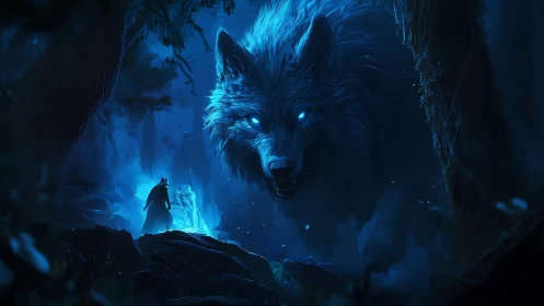 Moonlit colossus wolf stalks lone wanderer through blue mist