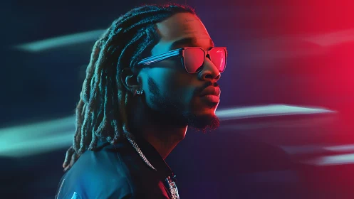 Profile portrait of man in sunglasses with neon lighting.