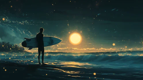 Surfer in moonlit waves, quietly waiting for the next ride.