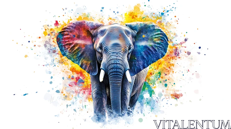 Color-splashed elephant strides forward through vivid paint bursts