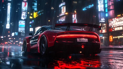 Red sports car accelerates through wet neon city street