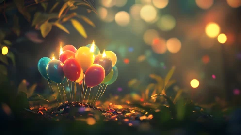 Glowing Balloons in Enchanted Garden with Golden Bokeh