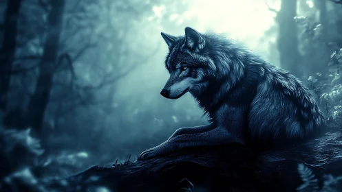 Moonlit forest wolf folds silence into cool blue shadow