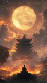 Monk beneath a colossal ember moon over burning pagoda.