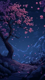 Night hillside path under cherry tree with falling petals.