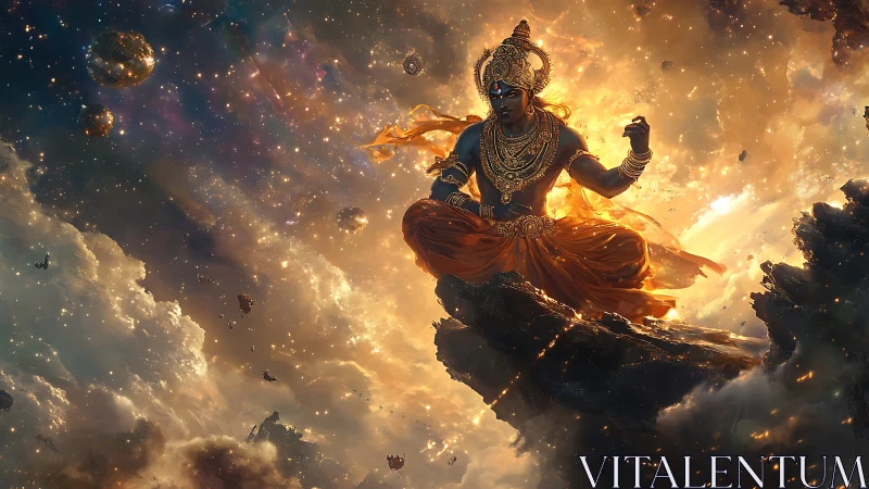 Cosmic blue deity meditating amid radiant nebula clouds.