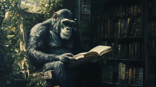 Primate reading in overgrown library interior environment.