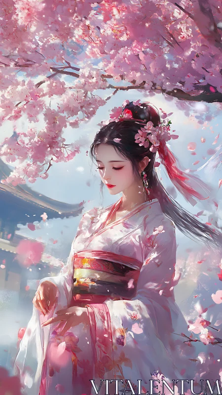 Spring-bloomed maiden drifting through a storm of sakura petals.