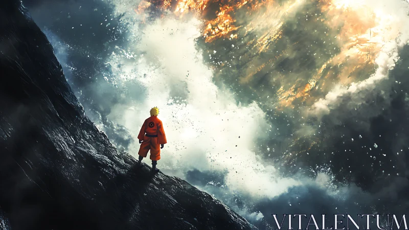 Lone orange figure confronting vast storm of light and water.