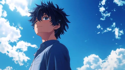 Blue haired anime boy stands under bright daytime sky