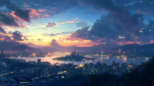 Vast futuristic bay city under dramatic sunset sky.