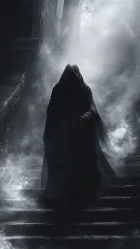 Hooded shadow strolls down fog-cloaked cathedral stairs