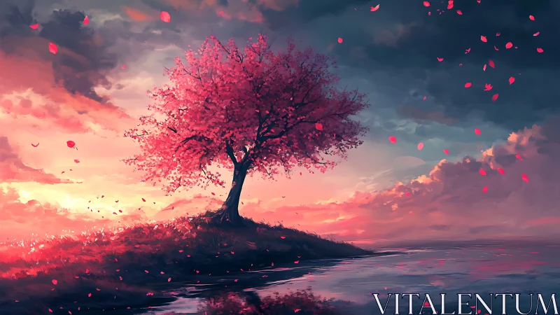 Solitary pink blossom tree over reflective sunset water.