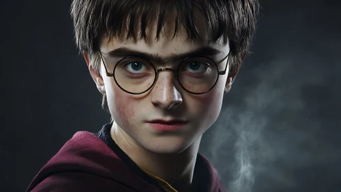 Young wizard with round glasses in a misty spotlight.