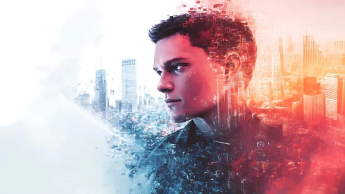 Digital portrait of man over blue to red city gradient background