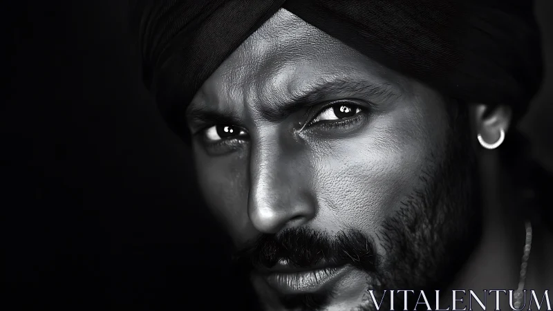 Monochrome close-up portrait with intense directional gaze.