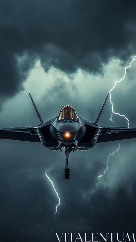 Photorealistic fighter jet front view in storm lighting focus.