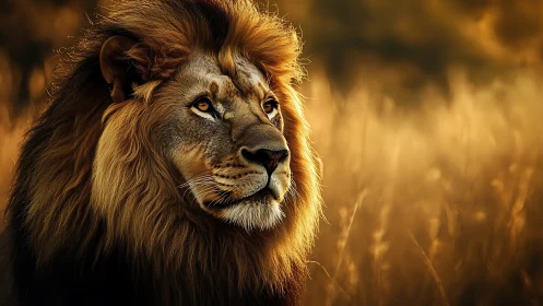 Male lion gazes across golden savanna at warm sunset
