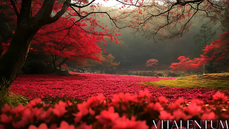 Red maple trees over dense pink flower field at sunrise.