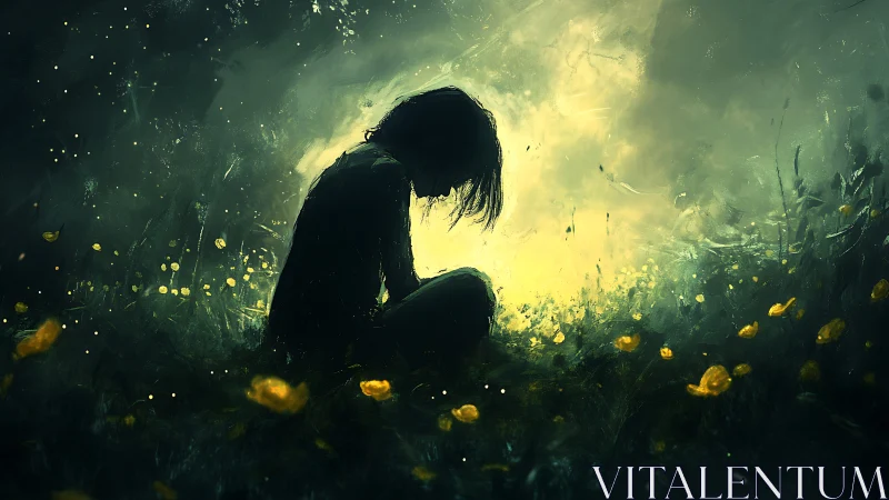 Silhouetted figure sits in backlit meadow amid scattered flowers