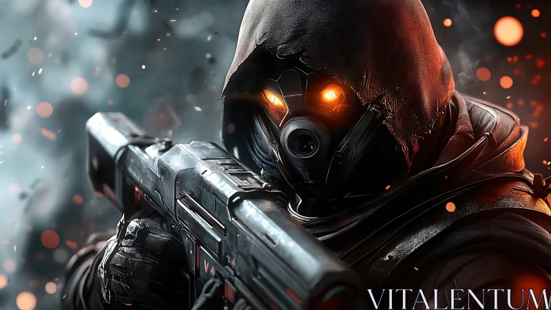 Hooded sci fi sniper aims rifle through ember storm.