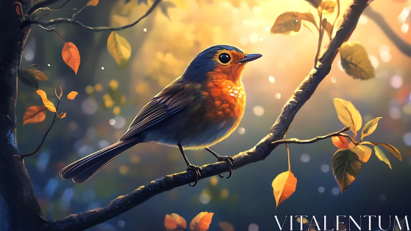 Vibrant Robin on Autumn Branch in Soft Sunlight, Digital Art Style.