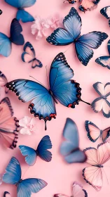 Blue morpho butterflies glide over soft pink floral field