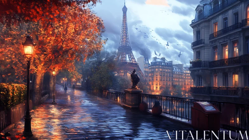 Rainy Parisian riverside shows Eiffel Tower in autumn light