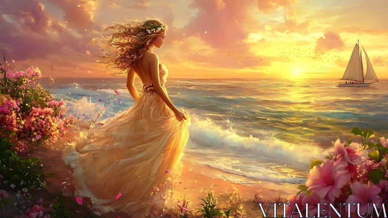 Woman in flowing dress on flowered shore at sunset seascape.