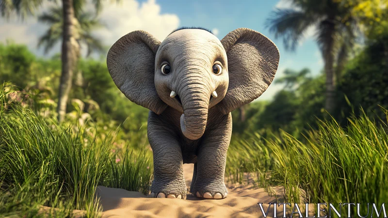 Playful 3D baby elephant rendered in lush jungle path.