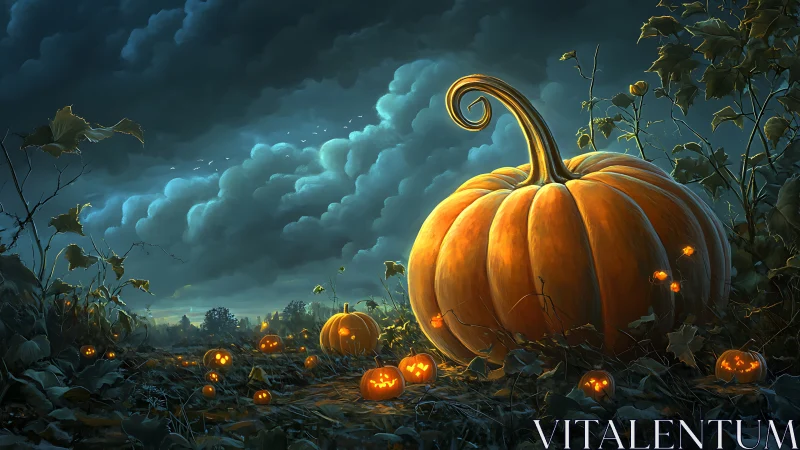 Moonlit pumpkin patch glowing with cozy Halloween magic.