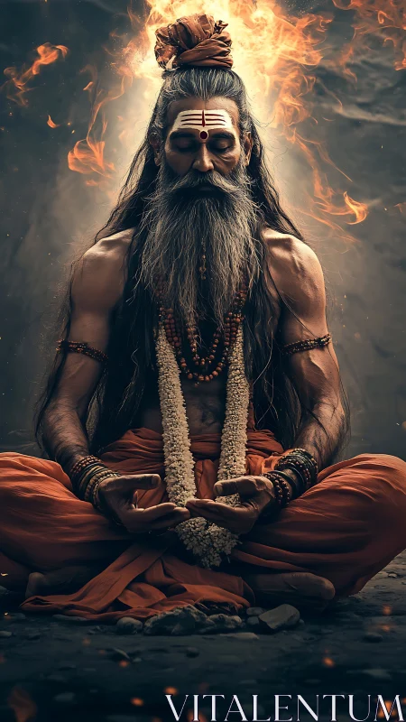 Fire crowned yogi in molten stillness of midnight meditation.