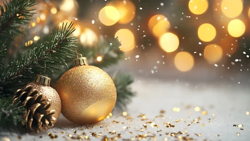 Golden Christmas baubles glow softly in festive snowfall
