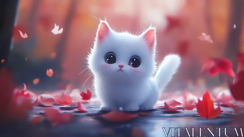 Enchanted White Kitten in a Garden of Rose Petals.