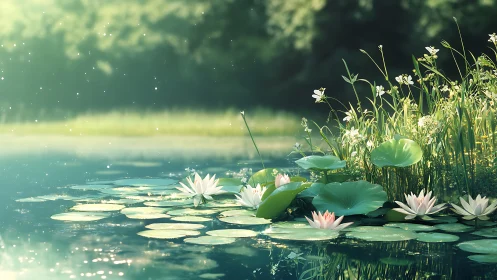 Sunlit water lilies bloom along a tranquil forest pond.