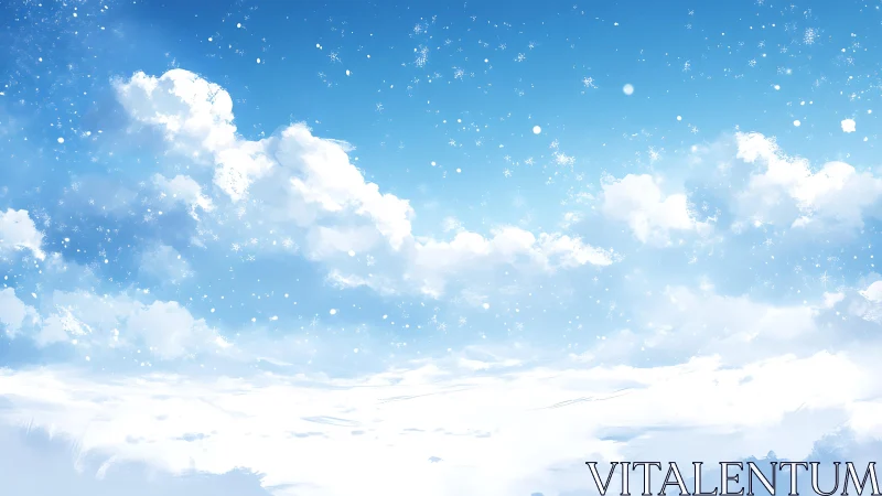 Snowy sky shows drifting clouds and scattered snowflakes