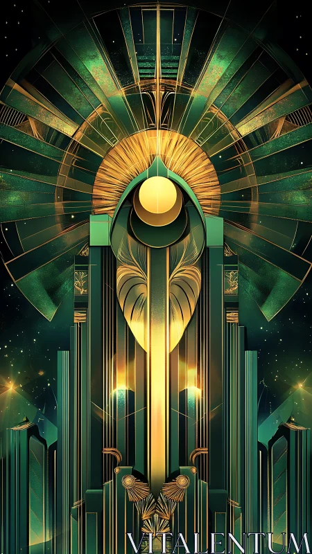 Radiant Art Deco spire beneath celestial emerald halo.