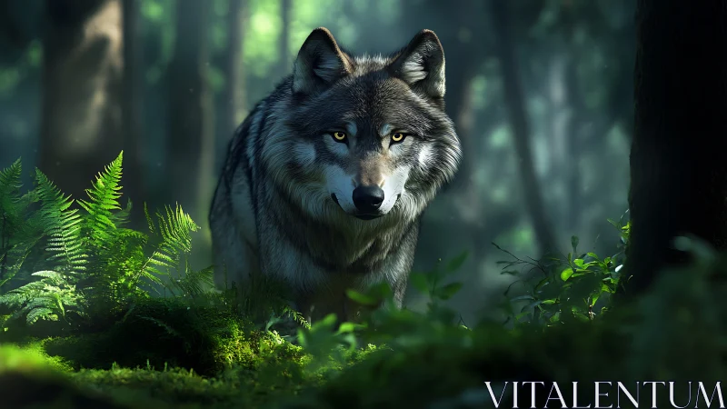 Wolf stands alert in dense green forest under soft light