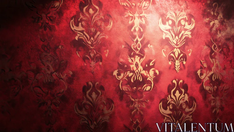 Crimson damask wallpaper with luminous baroque flourishes.