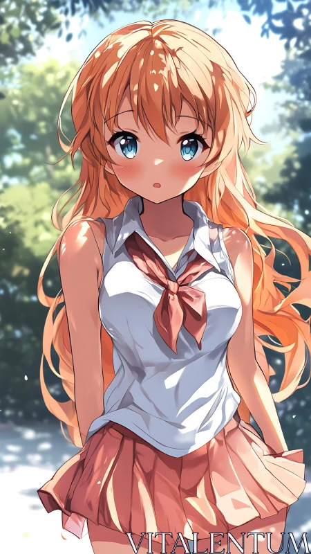 Sunlit anime schoolgirl pauses softly beneath summer trees