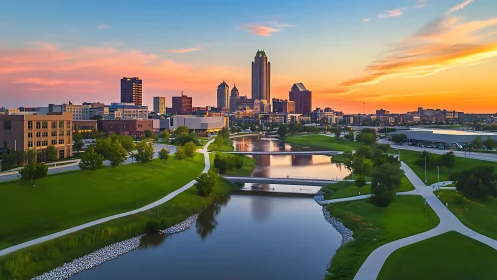 Sunset-illuminated urban skyline over engineered river parkland.